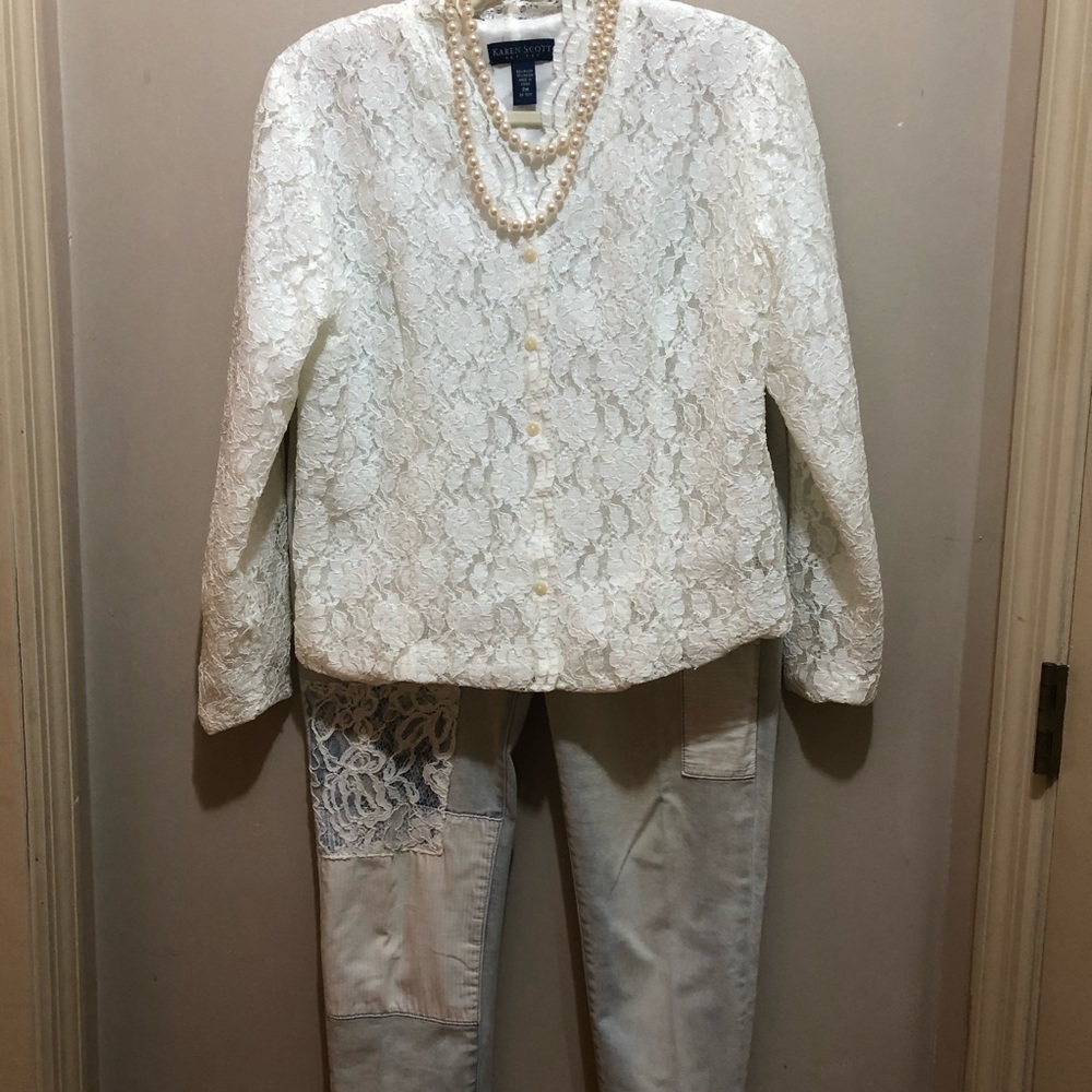 Chicos jeans size 05 size 6 to 8 with lace patches sewn to Jeans and lace jacket